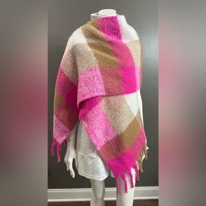 NWT LOFT Vibrant Pink and Cream Plaid Shawl Large